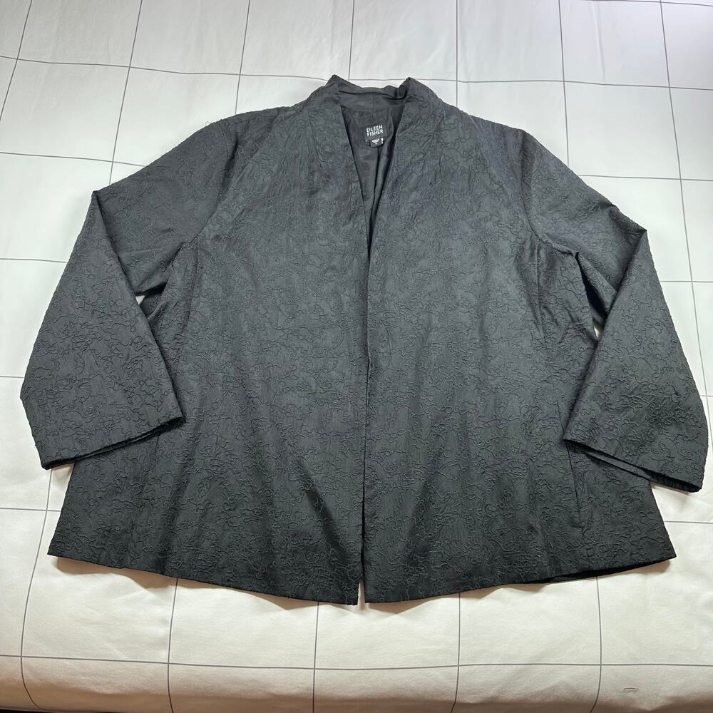 Eileen Fisher Jacket Womens Large Black Silk Embroidered Open Front Jacquard